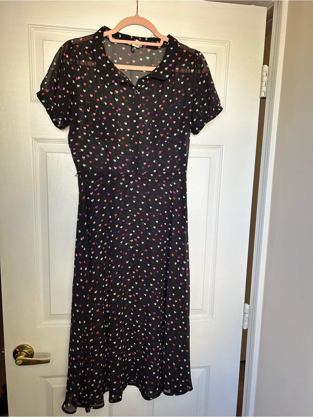 Hollister Black Midi Dress with Pink Red Purple White Heart Print
